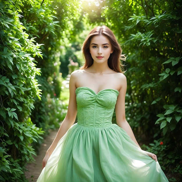 a woman in a green dress stands in a forest