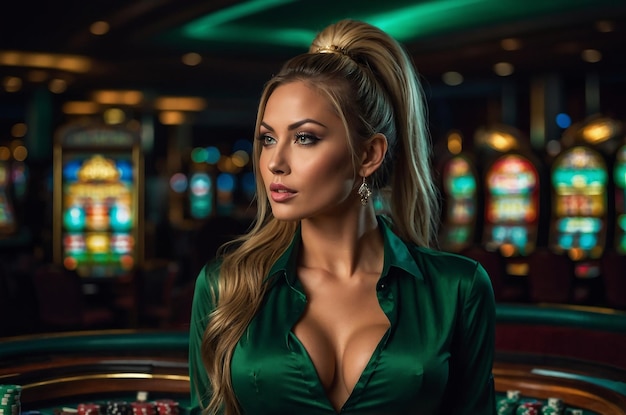 a woman in a green dress stands in front of a casino