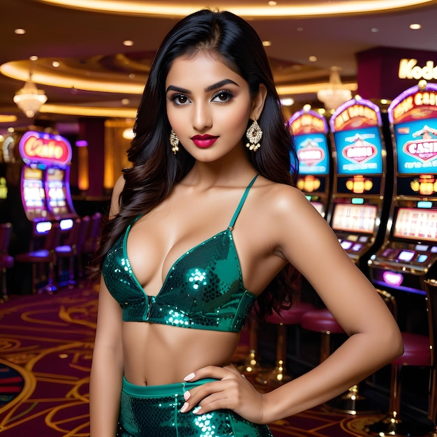 a woman in a green dress stands in front of a slot machine