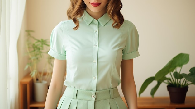 Photo a woman in a green dress stands in front of a window