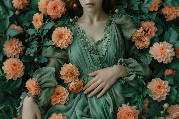 Photo woman in green dress surrounded by colorful flower garden decorations