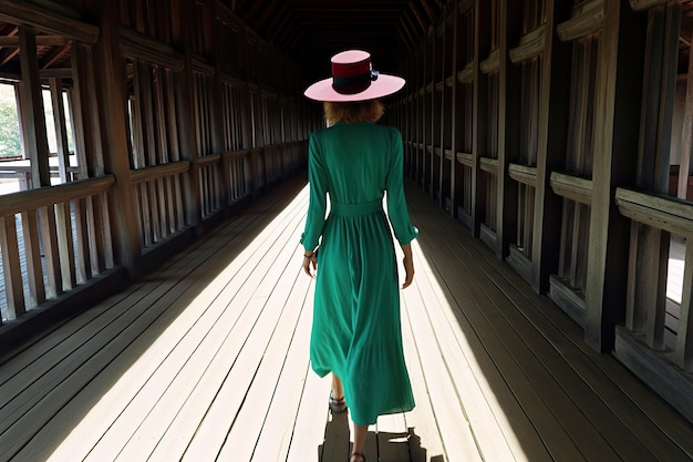 a woman in a green dress walks down a corridor with a red hat on.