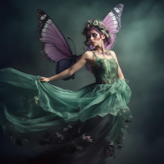 A woman in a green dress with butterflies on her wings