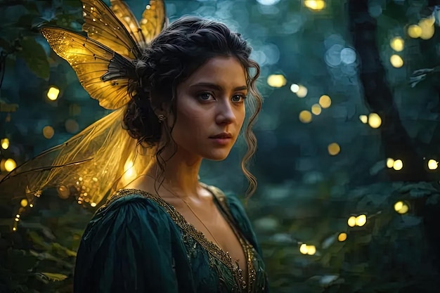 Photo a woman in a green dress with fairy lights around her