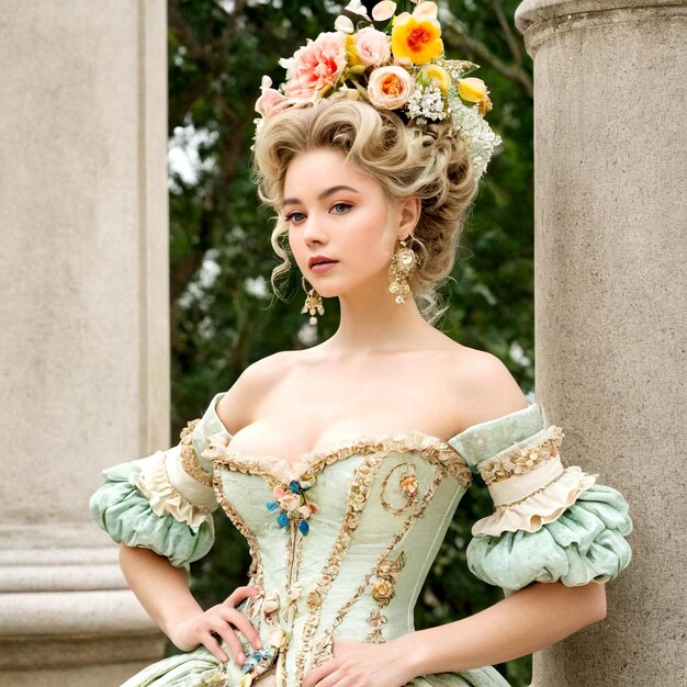 Photo woman in green dress with floral headpiece