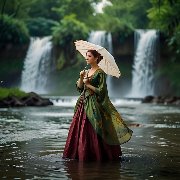 a woman in a green dress with an umbrella in the water