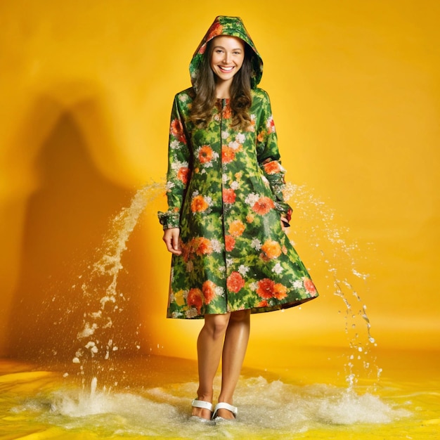 Photo a woman in a green floral dress is playing with water in a fountain