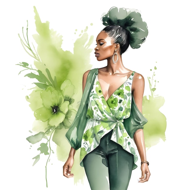 A woman in a green floral watercolor outfit