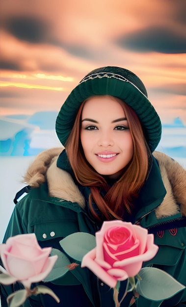 A woman in a green hat holds a bouquet of roses