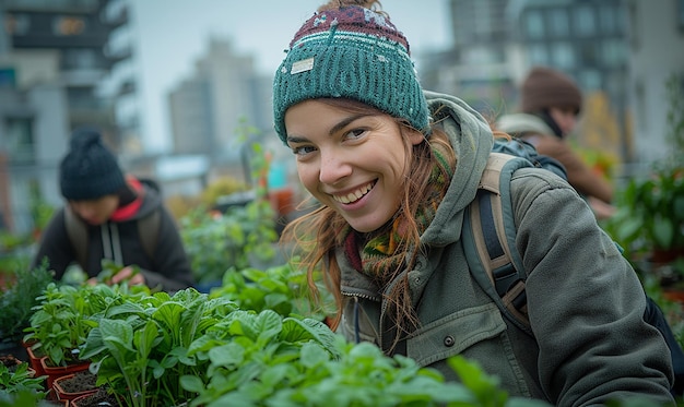 Photo a woman in a green hat smiles in front of a pile of vegetables