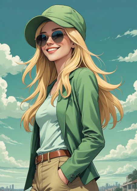 Photo a woman in a green hat and sunglasses stands in a cloudy sky