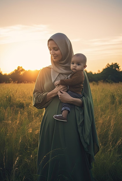 A woman in a green hijab holds a baby in a field.