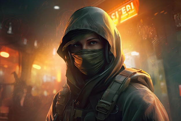 A woman in a green hood and a green mask stands in front of a neon sign that says'call of duty '