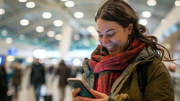 Woman in green jacket checking phone