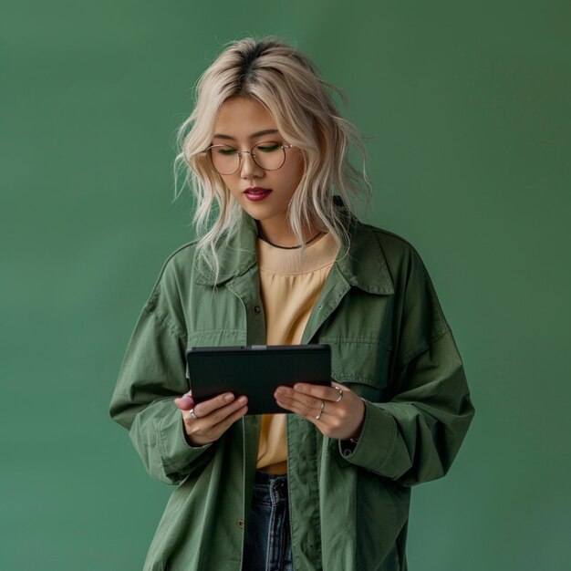 Photo a woman in a green jacket is holding a tablet with a green background behind her