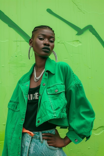 A woman in a green jacket and jeans poses for a photo