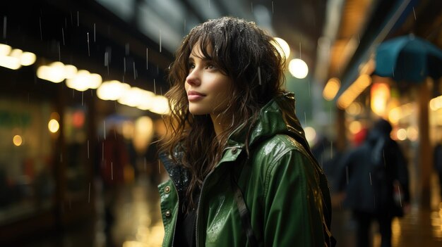 A woman in a green rain coat