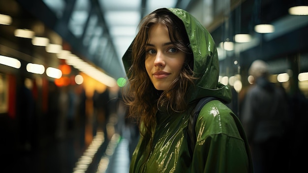 A woman in a green rain coat