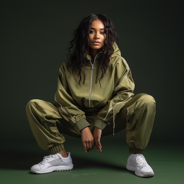 A woman in a green raincoat sits on a green floor.