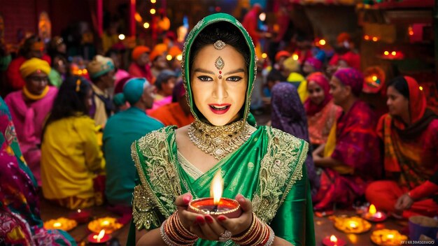 Photo a woman in a green sari holds a candle in her hand