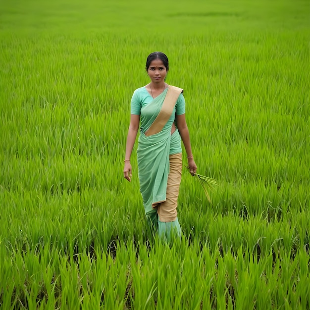 a woman in a green sari stands in a field of rice