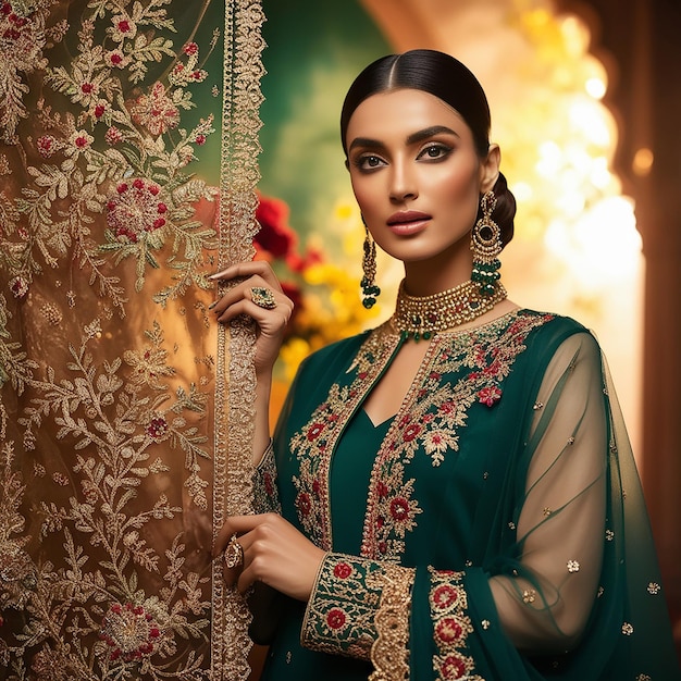 a woman in a green sari with a gold ring on her finger