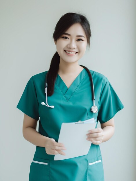 A woman in a green scrubs holds a clipboard and smiles.