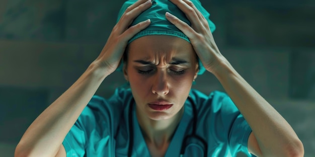 Photo a woman in a green scrubs is crying