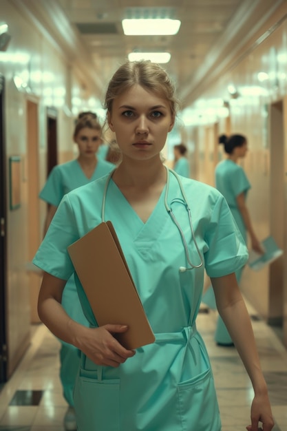 A woman in a green scrubs is holding a clipboard and walking down a hallway