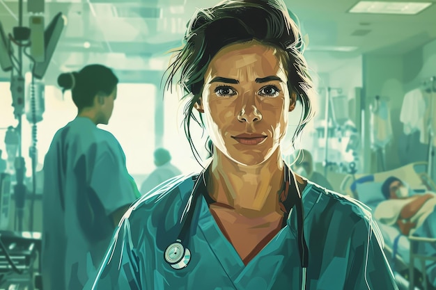 A woman in a green scrubs is standing in a hospital hallway