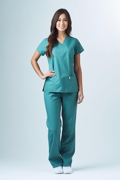 a woman in a green scrubs stands in front of a white background