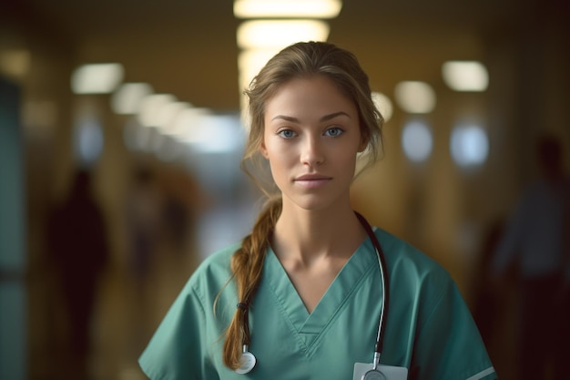 A woman in a green scrubs stands in a hallway.