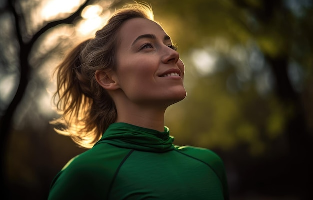 A woman in a green shirt is looking up and smiling.