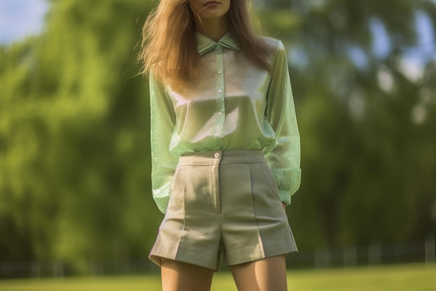 A woman in a green shirt and khaki shorts stands in a park.