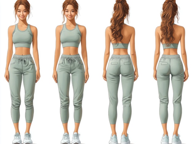 Photo a woman in a green sports bra and pants viewed from different angles