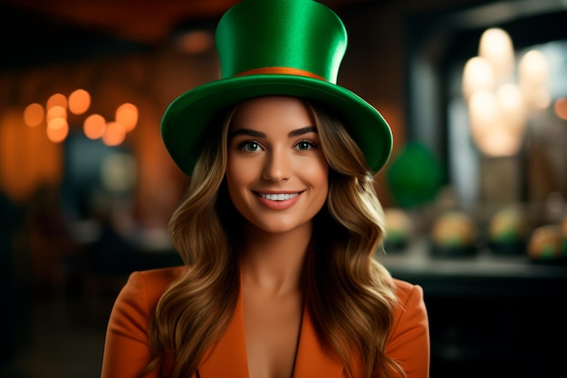 A woman in a green suit and hat for St Patrick's Day