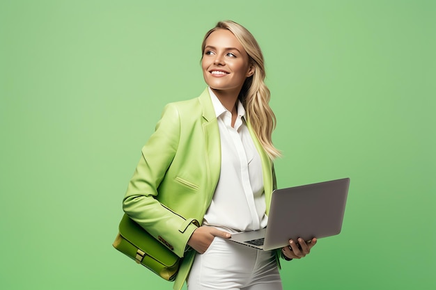 A woman in a green suit holds a laptop in front of a green background.