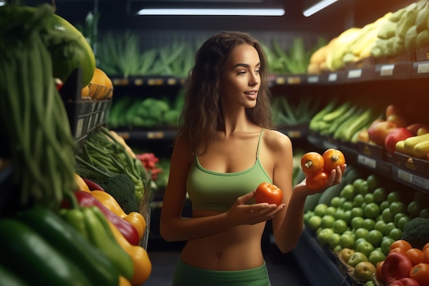 A woman in a green tank top holds a red bell pepper in a grocery store.