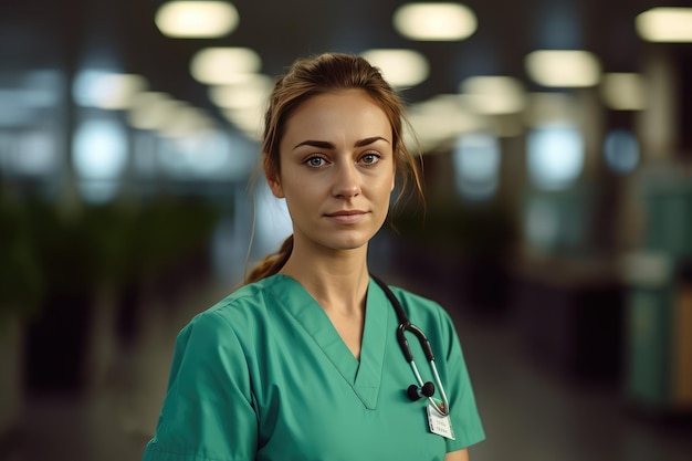 A woman in green uniform stands in a busy office