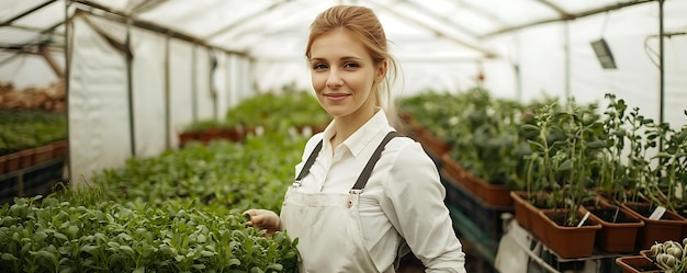 Photo a woman in a greenhouse with a plant in her hands