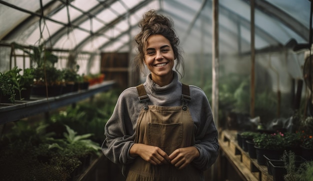 A woman in a greenhouse with a smile on her face