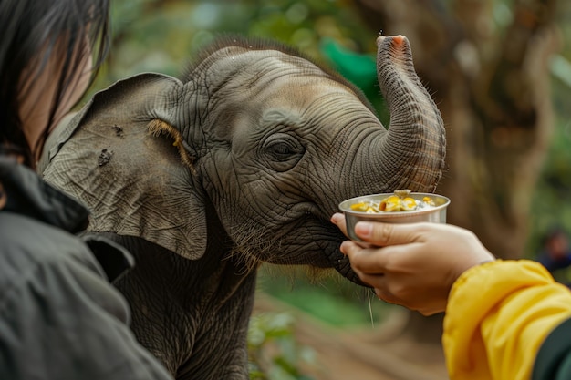 Photo a woman a greenpeace volunteer feeds a bowl of food to orphaned elephant calves at a wildlife rehabi