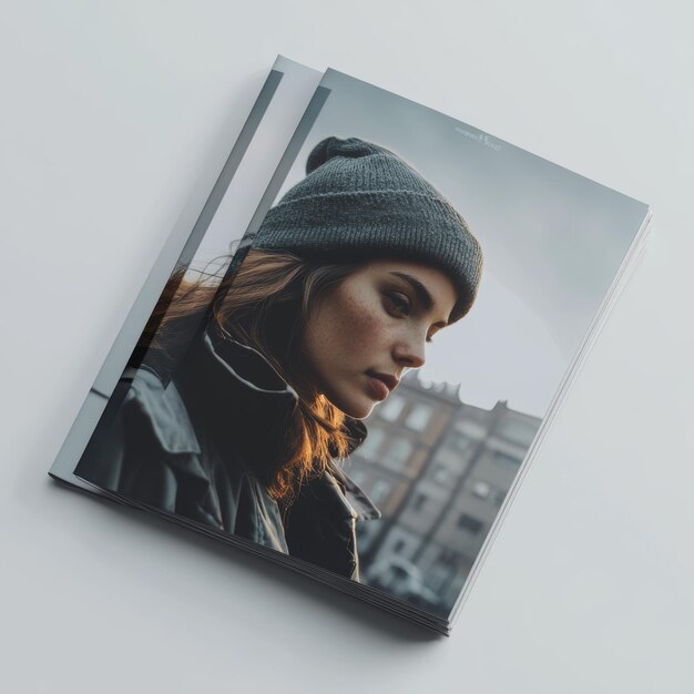 Woman in Grey Beanie and Jacket Reading Magazine on White Background