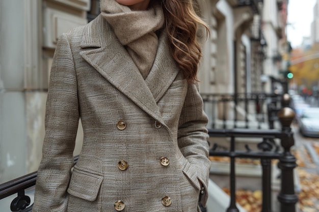 a woman in a grey coat is standing outside