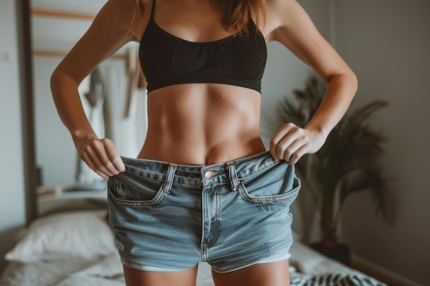 Photo woman in grey crop top and brown shorts posing for a fashion shoot indoors displaying toned abdomen