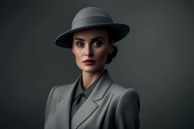 A woman in a grey hat and grey suit stands in front of a grey background.