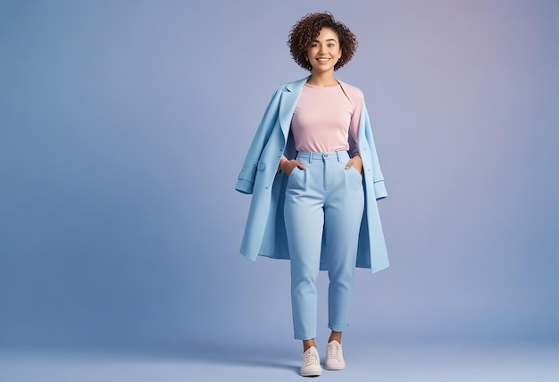 a woman in a grey jacket stands in front of a blue background