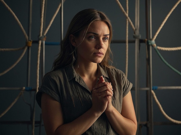 Photo a woman in a grey shirt is praying with a cross on her left hand