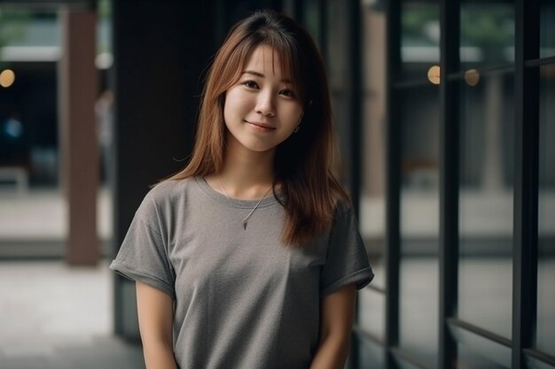 A woman in a grey shirt smiles at the camera.