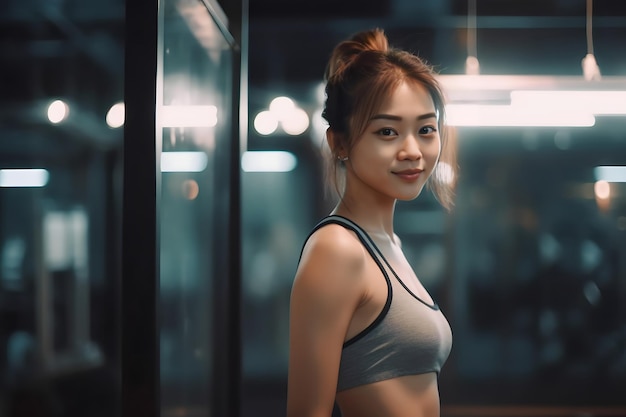 Woman in a grey sports bra stands in a gym and smiles